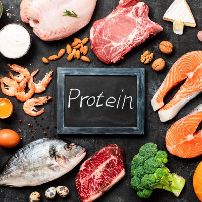Various protein sources concept. Animal and plants ingredients selection and chalckboard with Protein word over dark background. Top view or flat lay.